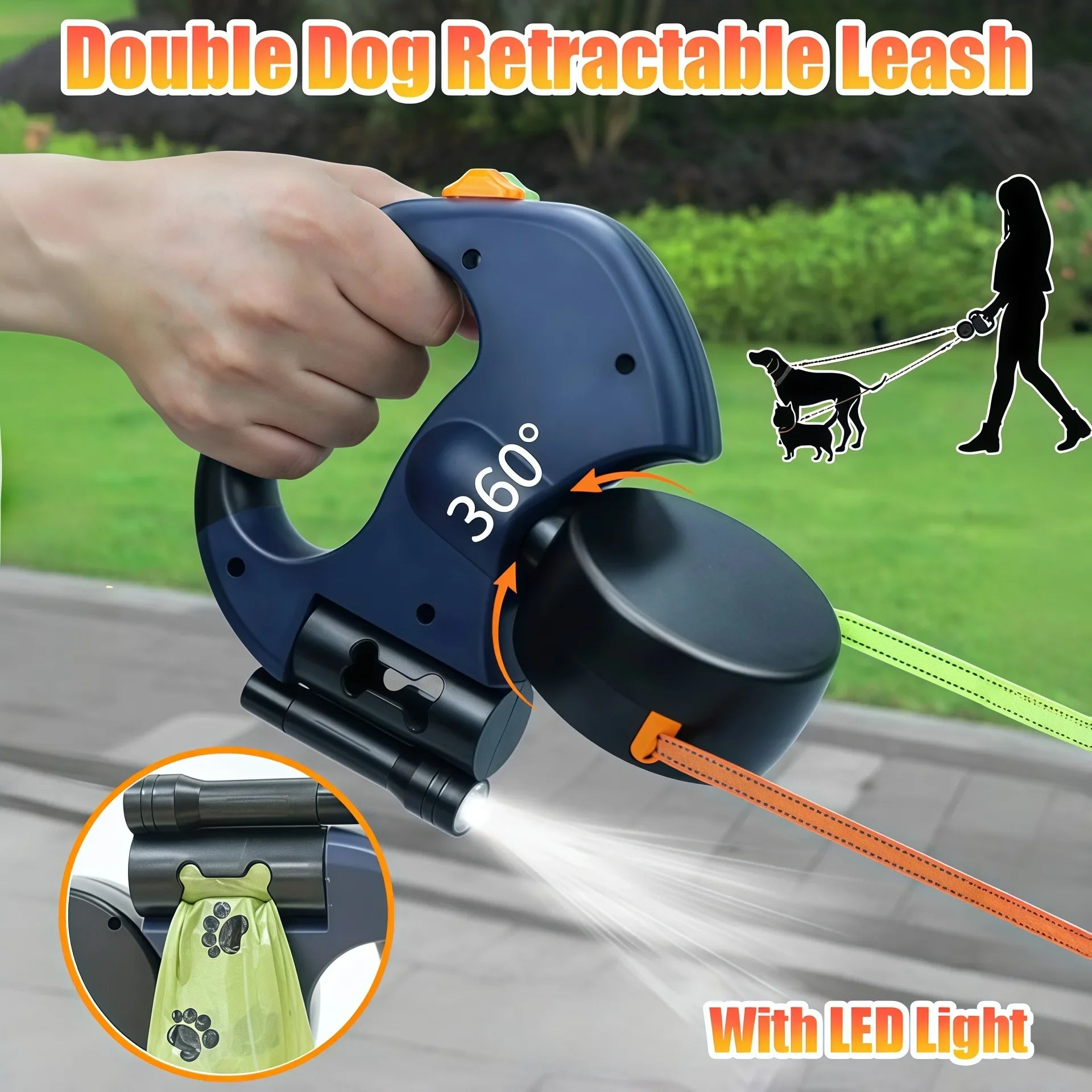 Retractable Dual Doggie Leash with LED Light,